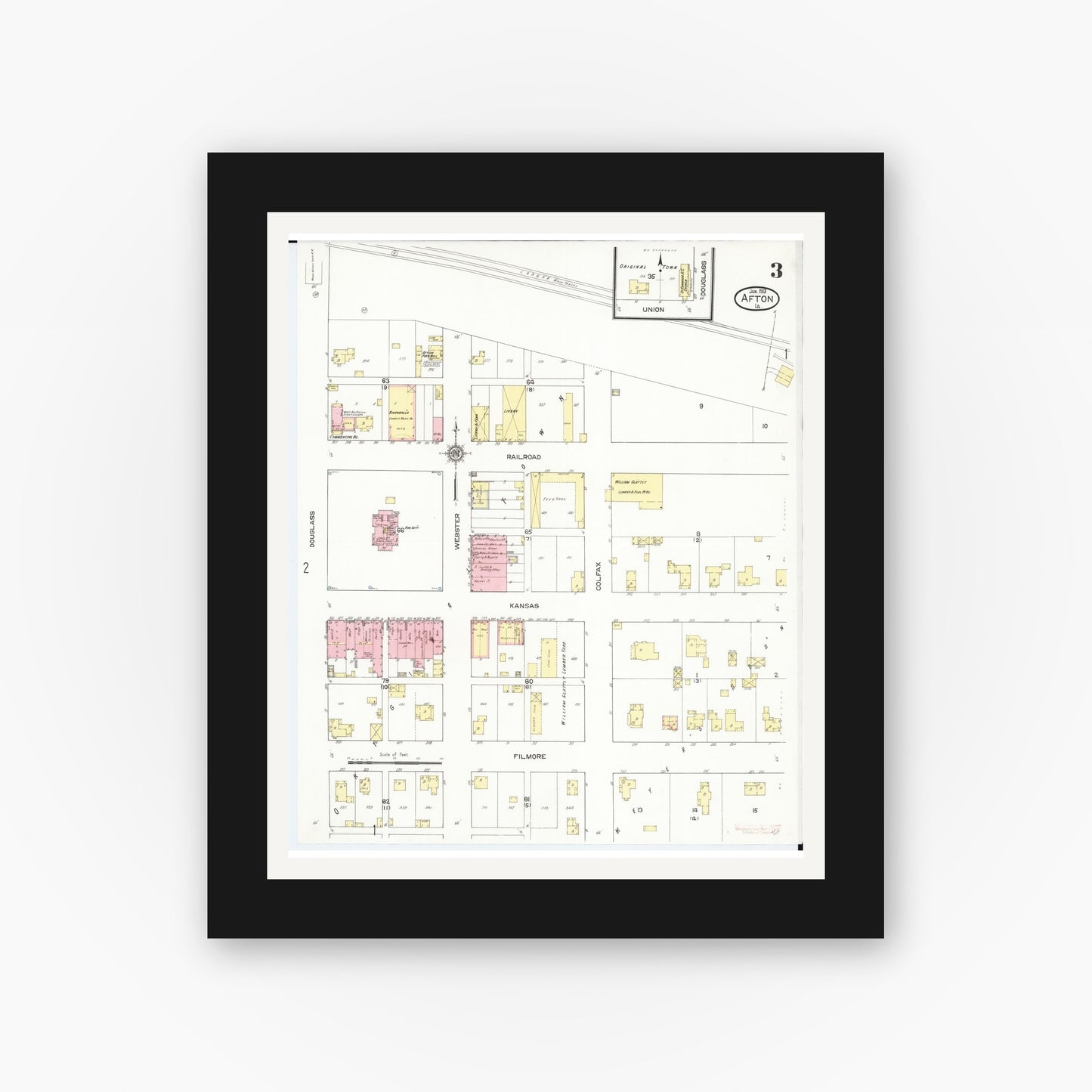 Old map wall art mockup — black gallery frame with white mat — Sanborn Fire Insurance Map from Afton, Union County, Iowa (1913), Sheet #0003