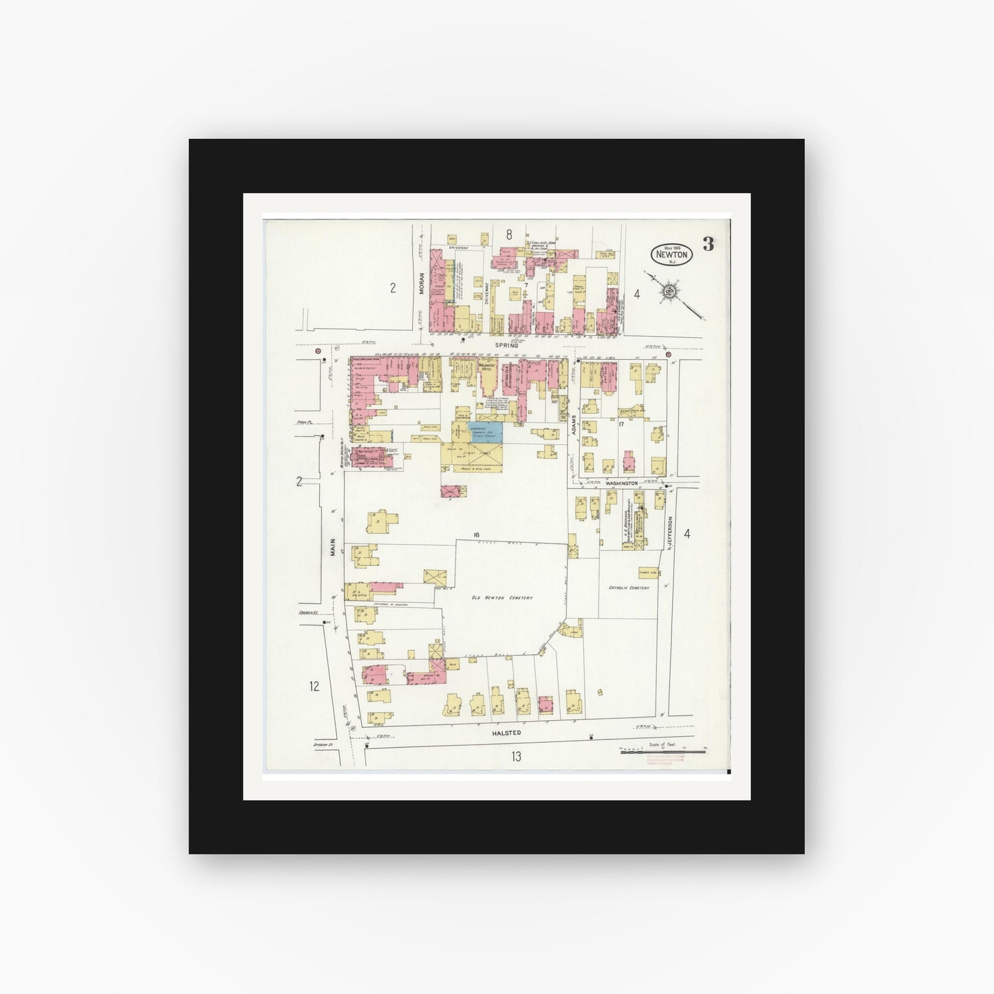 Old map wall art mockup — black gallery frame with white mat — Sanborn Fire Insurance Map from Newton, Sussex County, New Jersey (1916), Sheet #0003