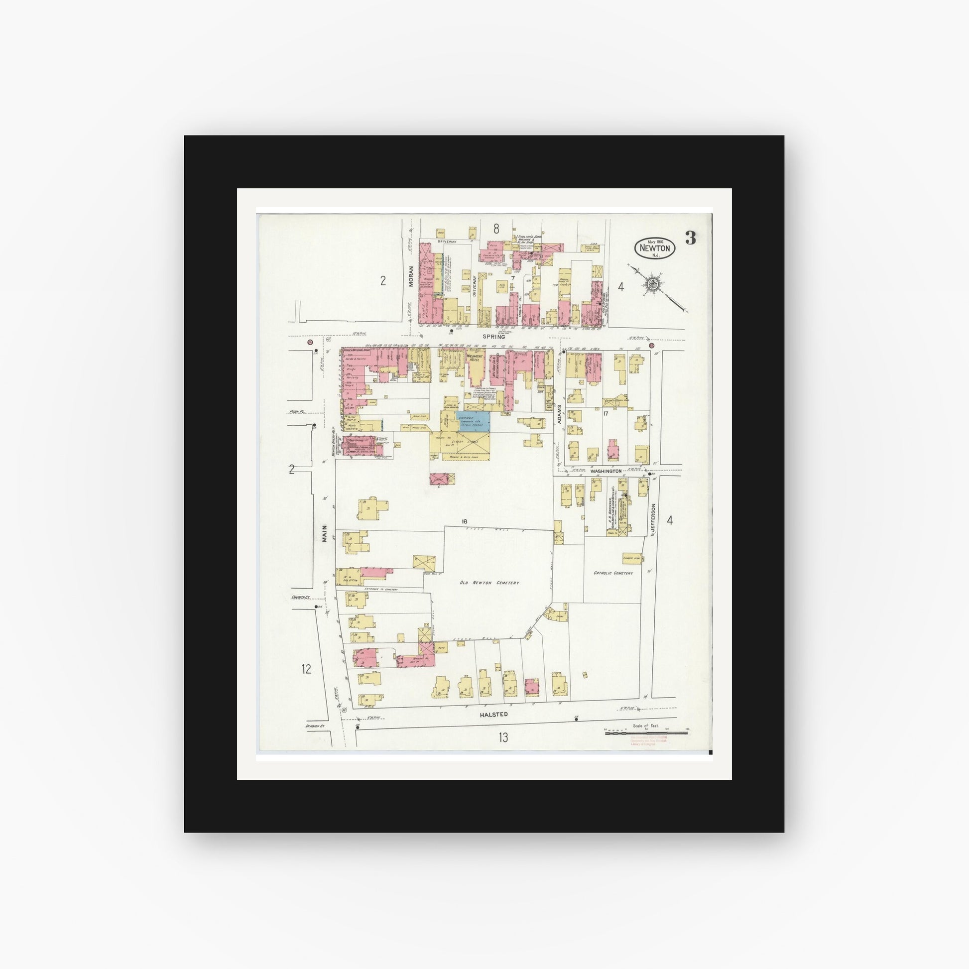 Old map wall art mockup — black gallery frame with white mat — Sanborn Fire Insurance Map from Newton, Sussex County, New Jersey (1916), Sheet #0003