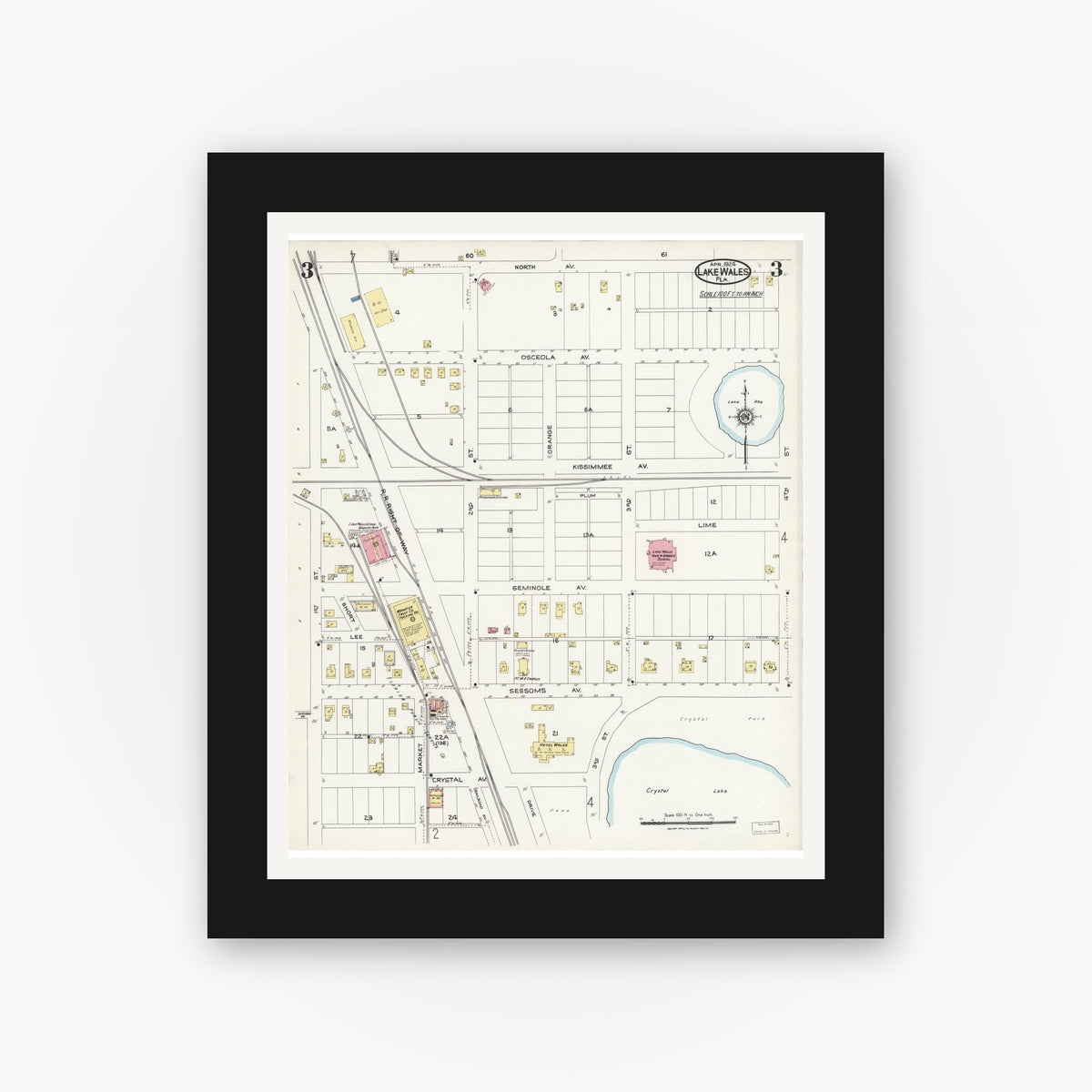 Old map wall art mockup — black gallery frame with white mat — Sanborn Fire Insurance Map from Lake Wales, Polk County, Florida (1924), Sheet #0003