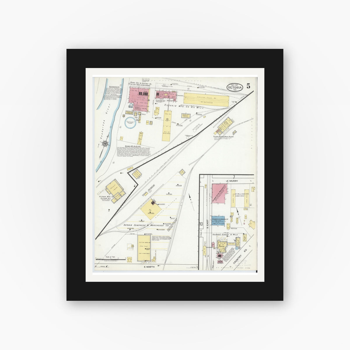 Old map wall art mockup — black gallery frame with white mat — Sanborn Fire Insurance Map from Victoria, Victoria County, Texas (1917), Sheet #0005