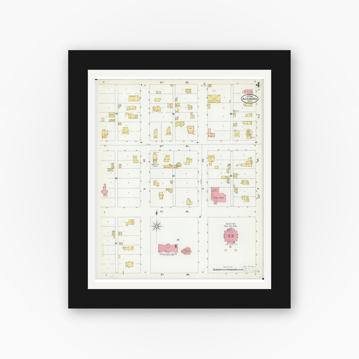 Old map wall art mockup — black gallery frame with white mat — Sanborn Fire Insurance Map from Alexandria, Douglas County, Minnesota (1899), Sheet #0004