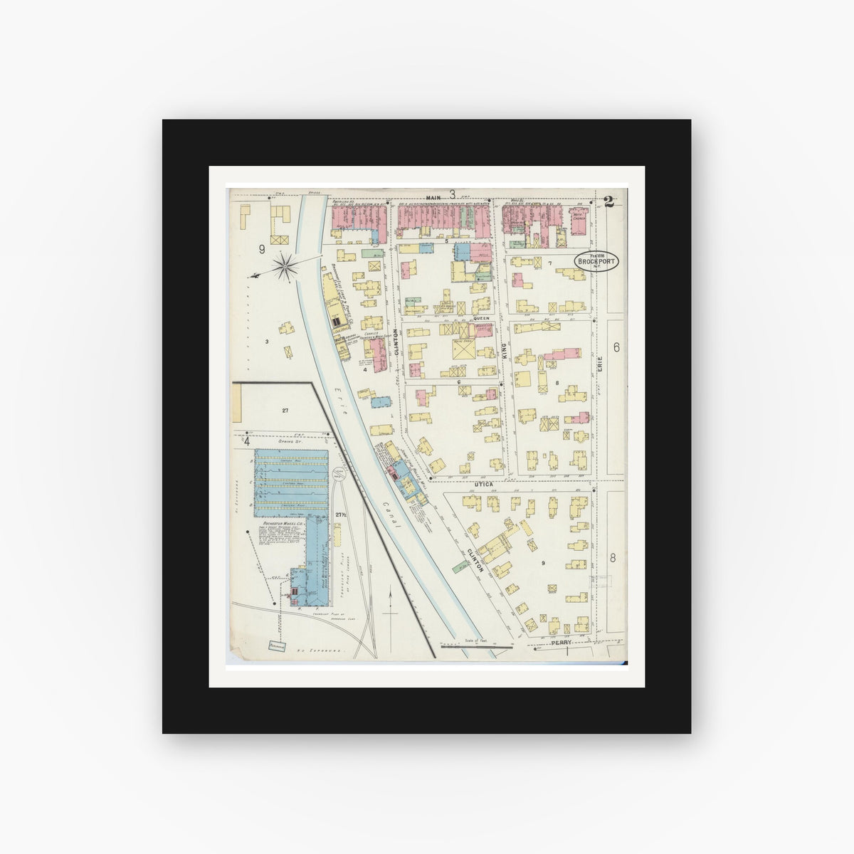 Old map wall art mockup — black gallery frame with white mat — Sanborn Fire Insurance Map from Brockport, Monroe County, New York (1898), Sheet #0002