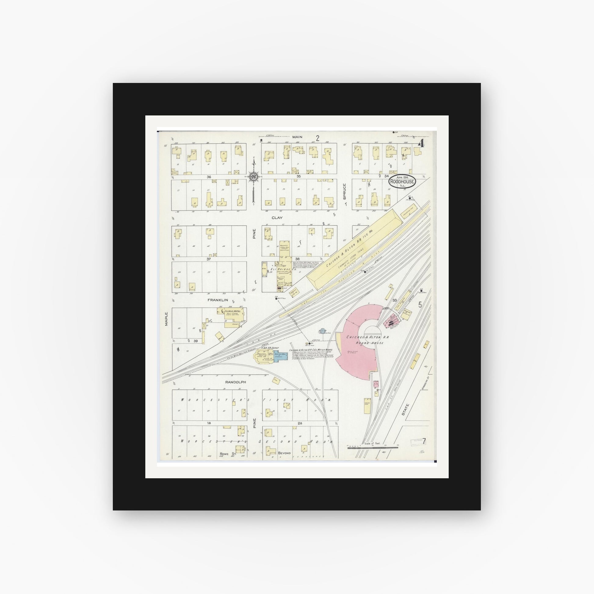Old map wall art mockup — black gallery frame with white mat — Sanborn Fire Insurance Map from Roodhouse, Greene County, Illinois (1914), Sheet #0004
