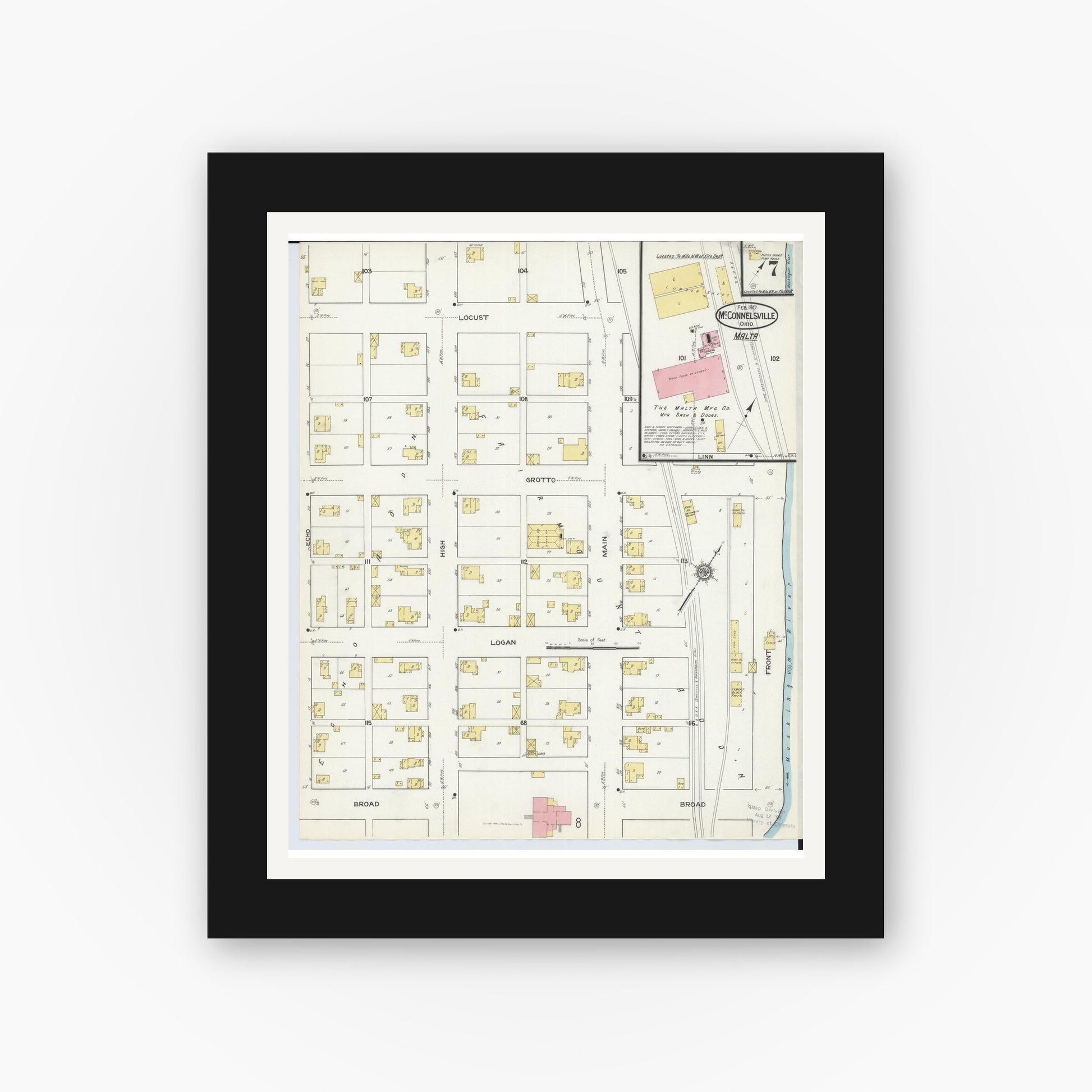 Old map wall art mockup — black gallery frame with white mat — Sanborn Fire Insurance Map from McConnelsville, Morgan County, Ohio (1917), Sheet #0007