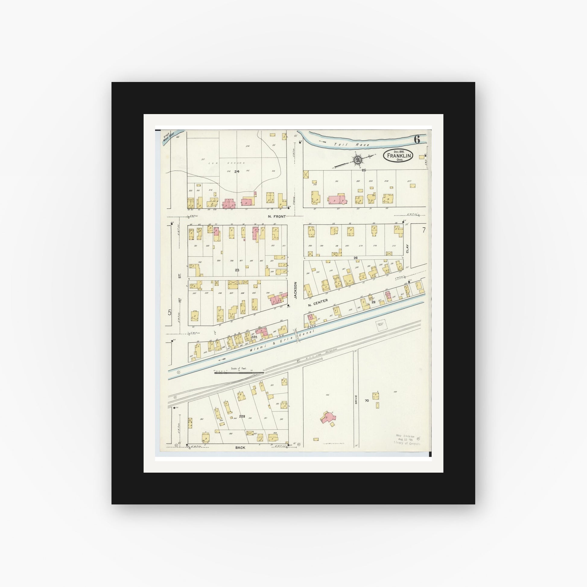 Old map wall art mockup — black gallery frame with white mat — Sanborn Fire Insurance Map from Franklin, Warren County, Ohio (1916), Sheet #0006