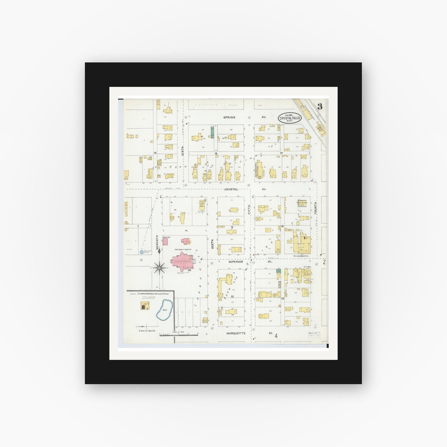 Old map wall art mockup — black gallery frame with white mat — Sanborn Fire Insurance Map from Crystal Falls, Iron County, Michigan (1904), Sheet #0003