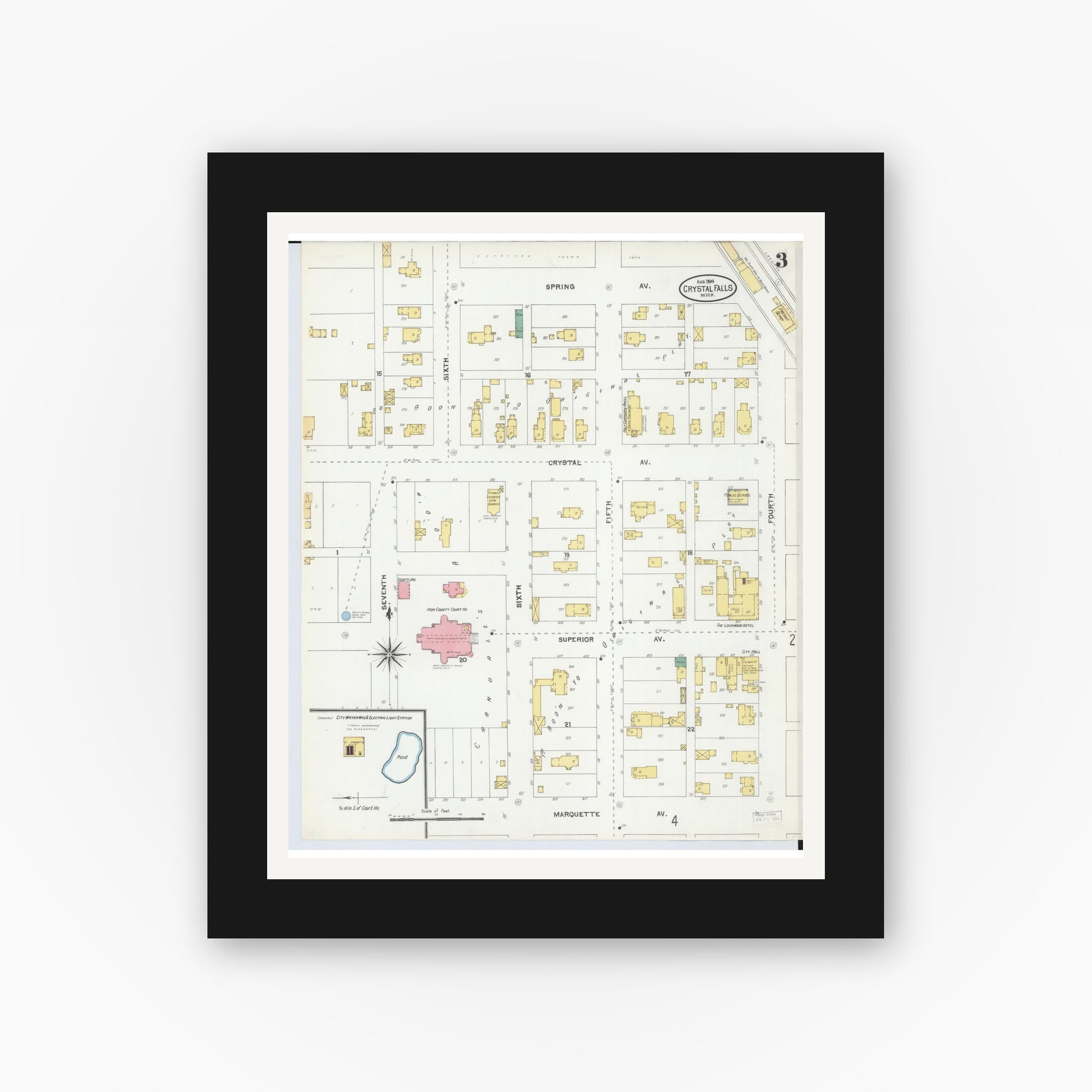 Old map wall art mockup — black gallery frame with white mat — Sanborn Fire Insurance Map from Crystal Falls, Iron County, Michigan (1904), Sheet #0003