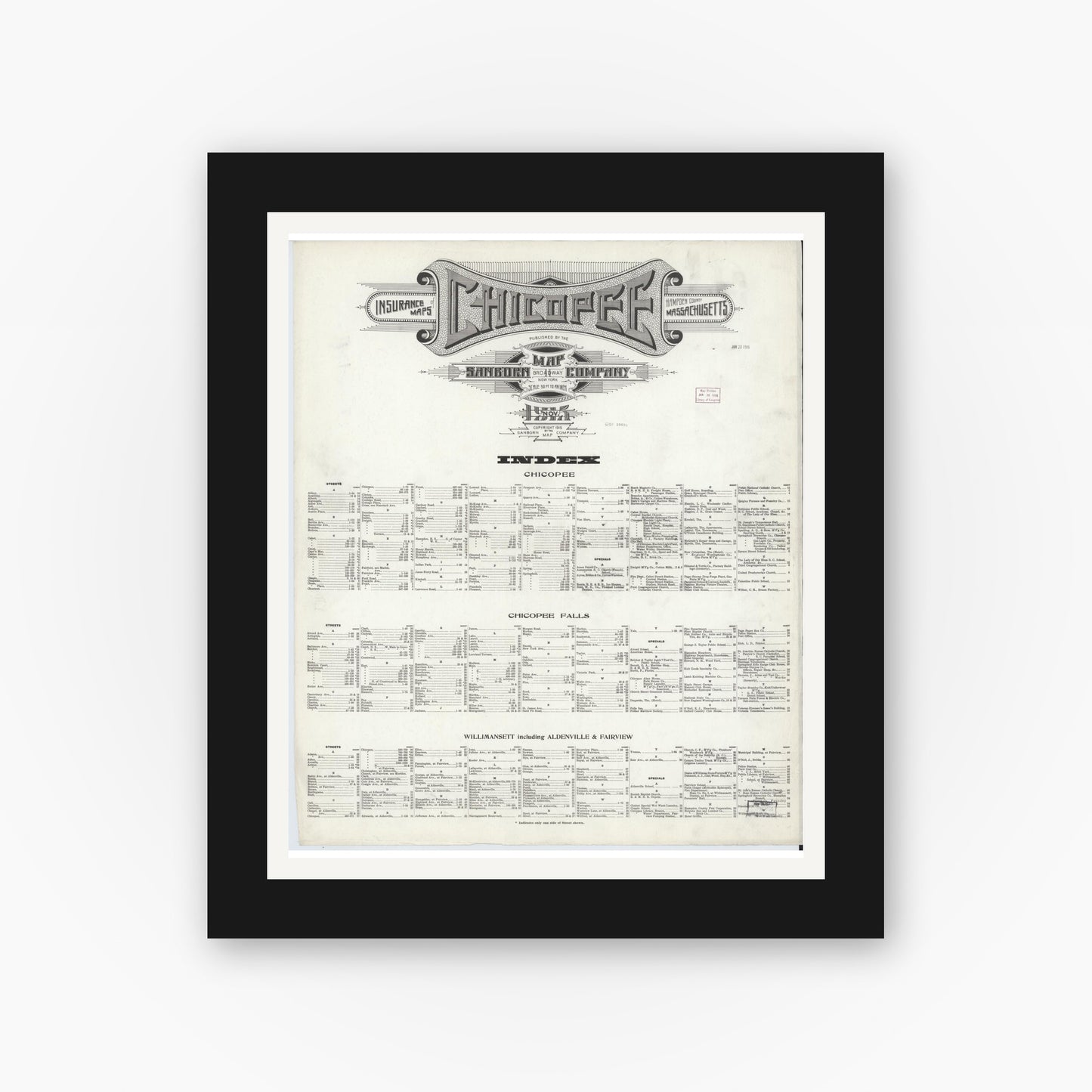 Old map wall art mockup — black gallery frame with white mat — Sanborn Fire Insurance Map from Chicopee, Hampden County, Massachusetts (1915), Sheet #0001