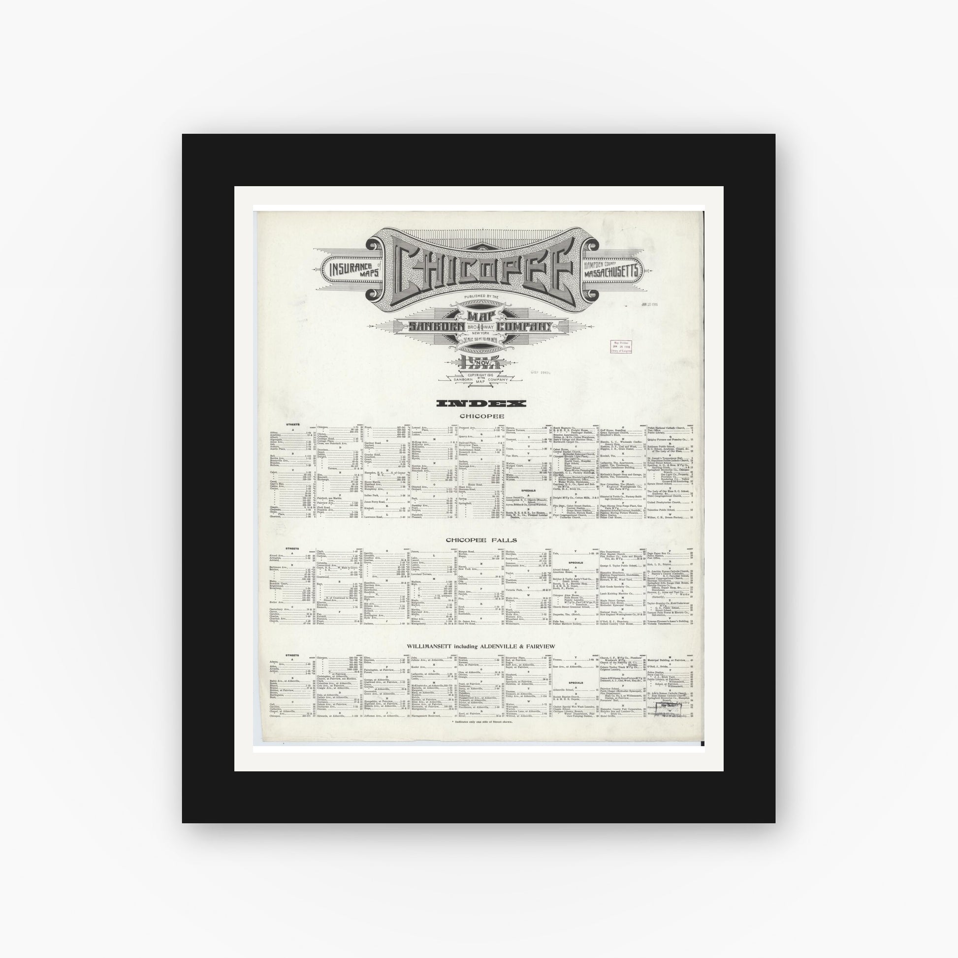Old map wall art mockup — black gallery frame with white mat — Sanborn Fire Insurance Map from Chicopee, Hampden County, Massachusetts (1915), Sheet #0001
