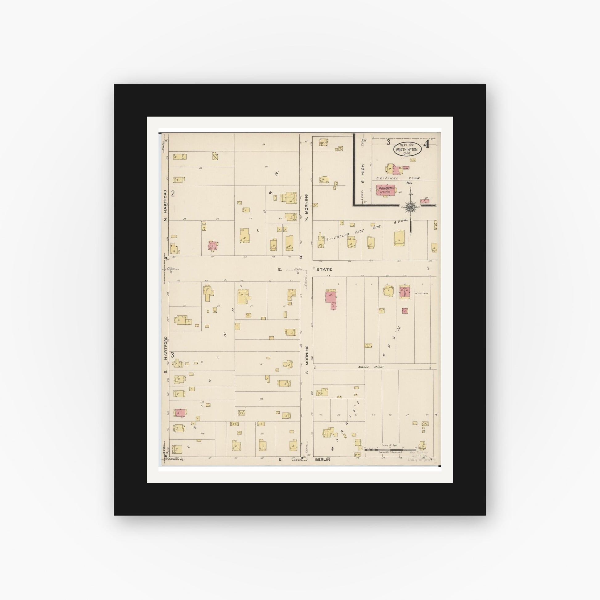 Old map wall art mockup — black gallery frame with white mat — Sanborn Fire Insurance Map from Worthington, Franklin County, Ohio (1922), Sheet #0004