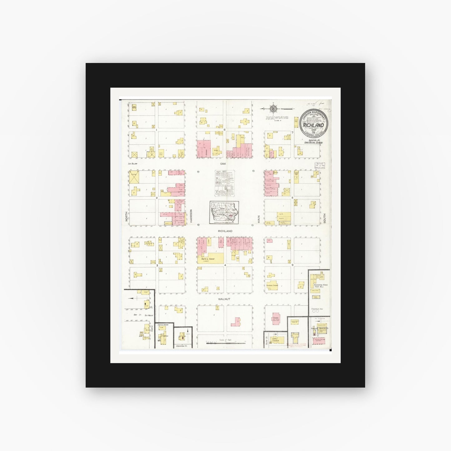 Old map wall art mockup — black gallery frame with white mat — Sanborn Fire Insurance Map from Richland, Keokuk County, Iowa (1916), Sheet #0001