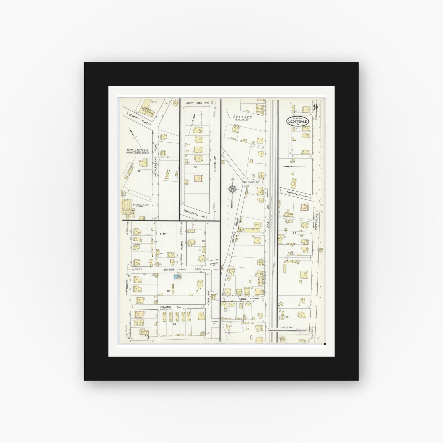Old map wall art mockup — black gallery frame with white mat — Sanborn Fire Insurance Map from Scottdale, Westmoreland County, Pennsylvania (1914), Sheet #0009