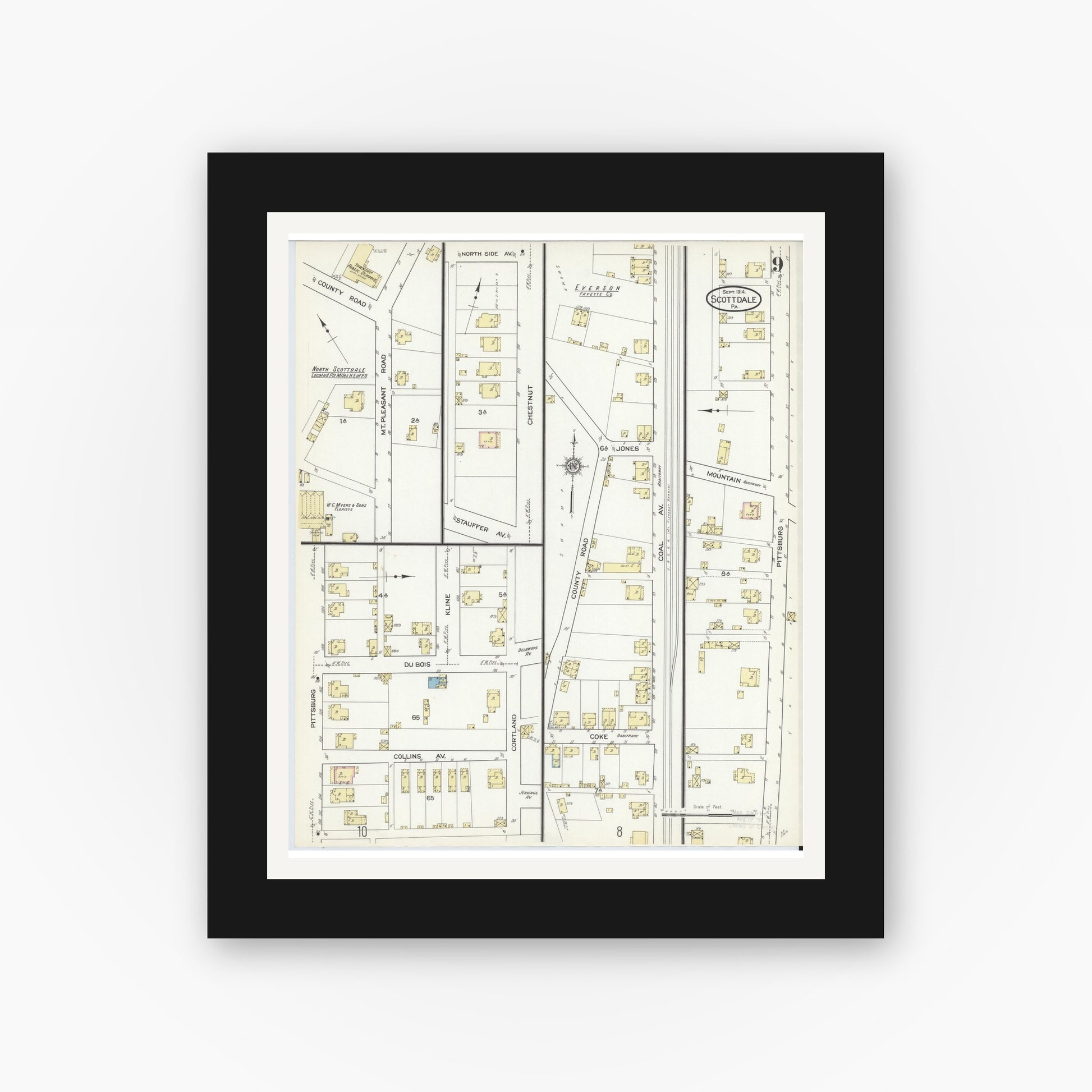 Old map wall art mockup — black gallery frame with white mat — Sanborn Fire Insurance Map from Scottdale, Westmoreland County, Pennsylvania (1914), Sheet #0009