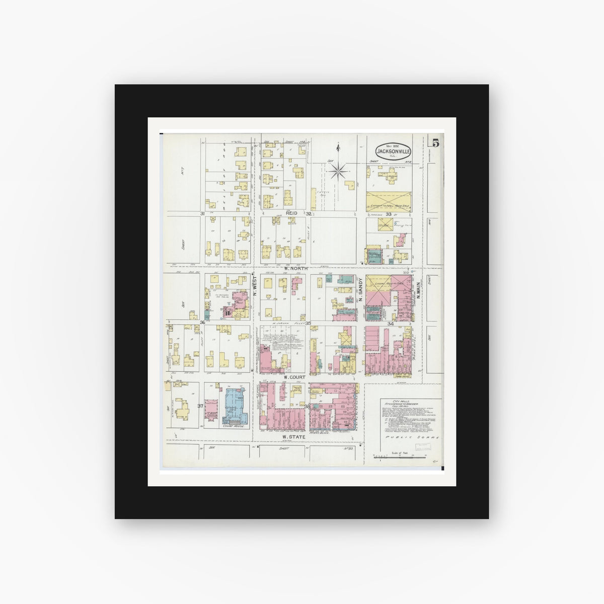 Old map wall art mockup — black gallery frame with white mat — Sanborn Fire Insurance Map from Jacksonville, Morgan County, Illinois (1892), Sheet #0005