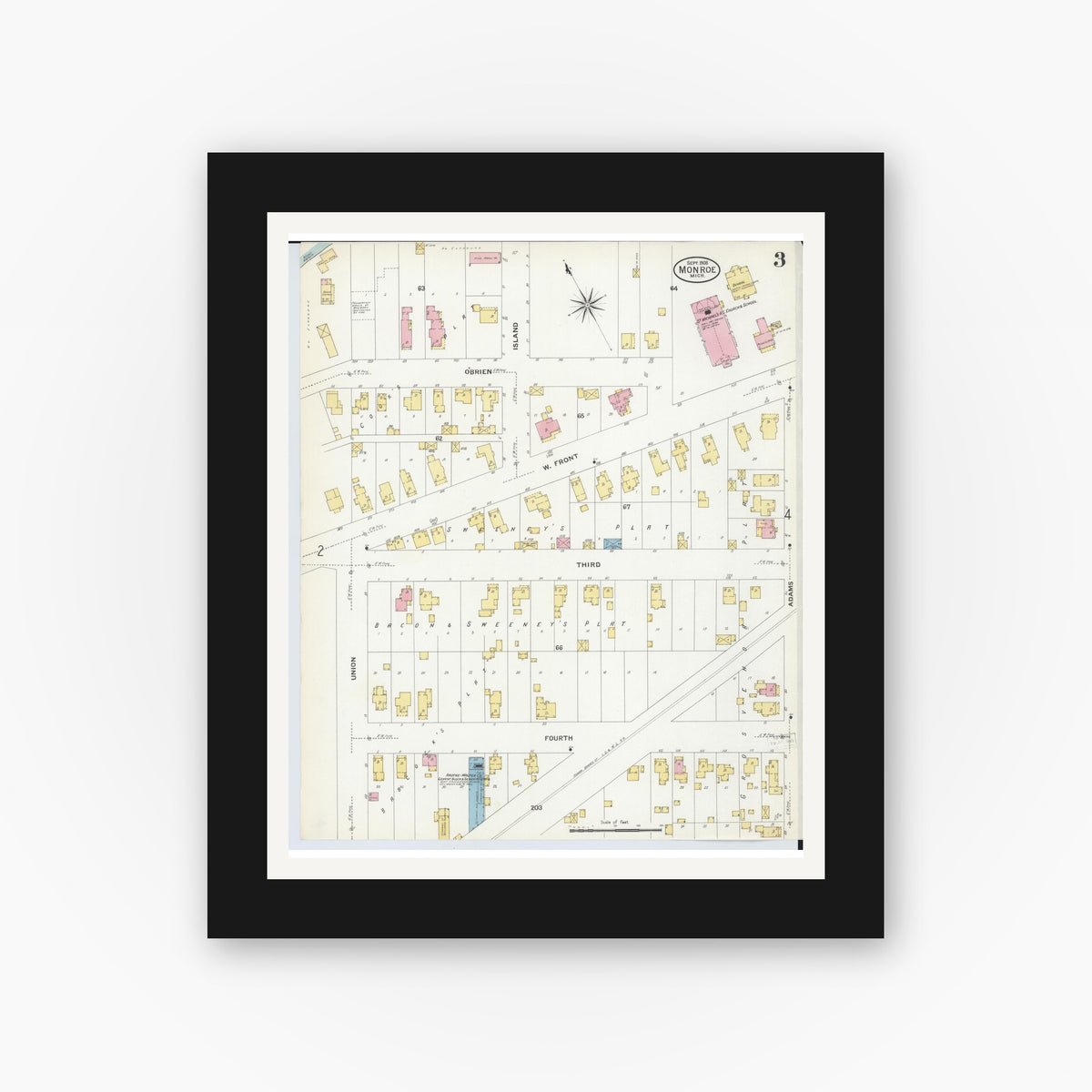 Old map wall art mockup — black gallery frame with white mat — Sanborn Fire Insurance Map from Monroe, Monroe County, Michigan (1908), Sheet #0003