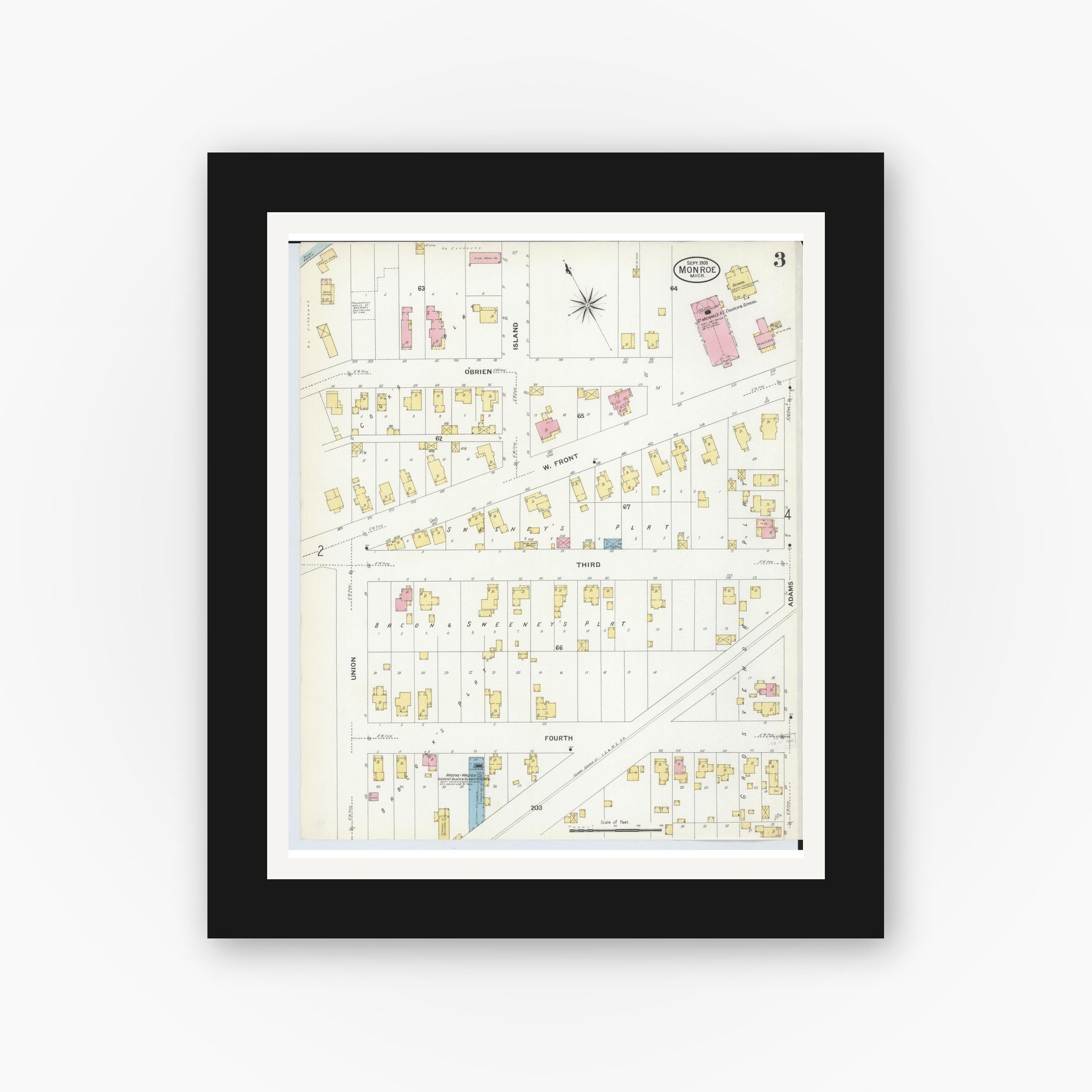Old map wall art mockup — black gallery frame with white mat — Sanborn Fire Insurance Map from Monroe, Monroe County, Michigan (1908), Sheet #0003