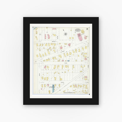 Old map wall art mockup — black gallery frame with white mat — Sanborn Fire Insurance Map from Monroe, Monroe County, Michigan (1908), Sheet #0003