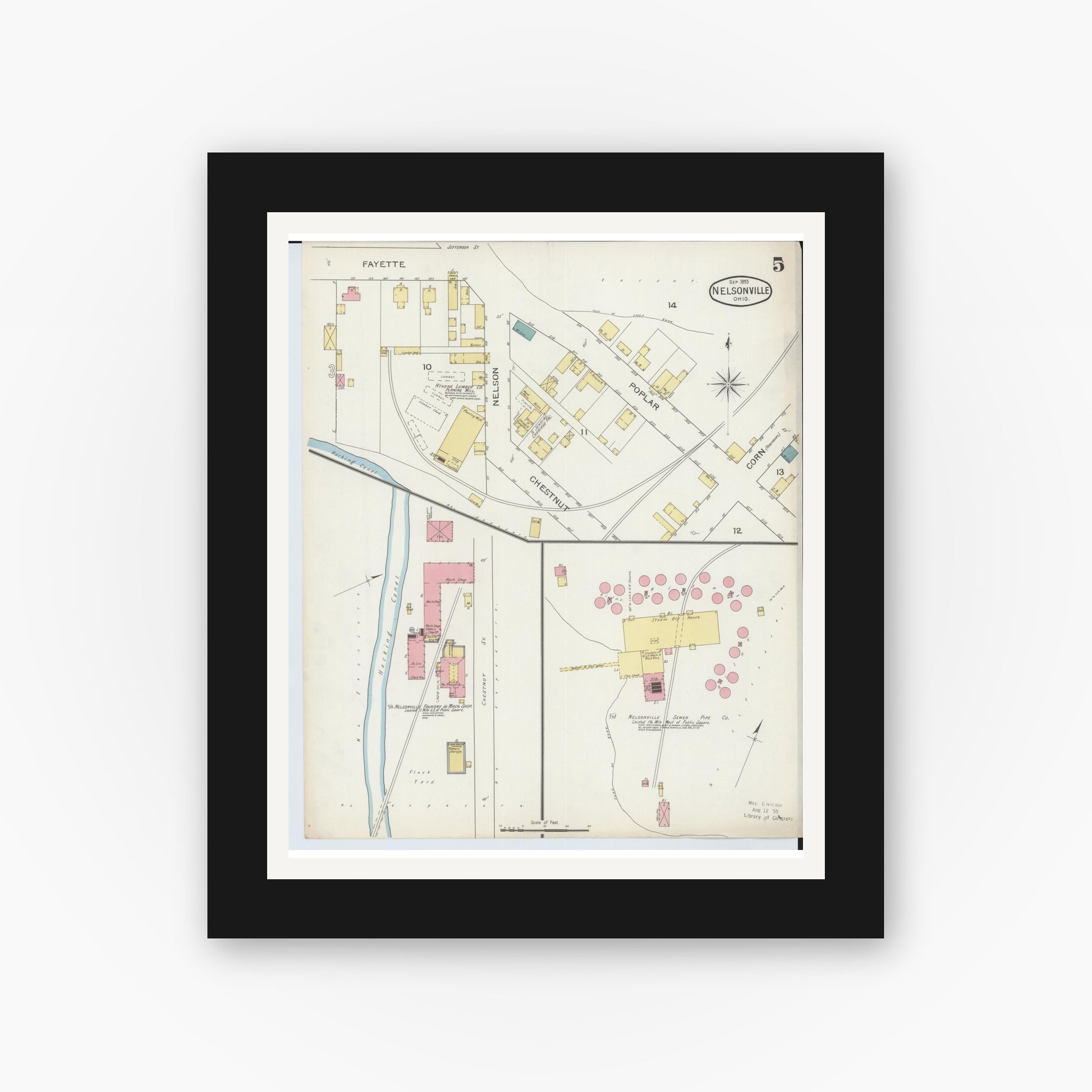 Old map wall art mockup — black gallery frame with white mat — Sanborn Fire Insurance Map from Nelsonville, Athens County, Ohio (1893), Sheet #0005