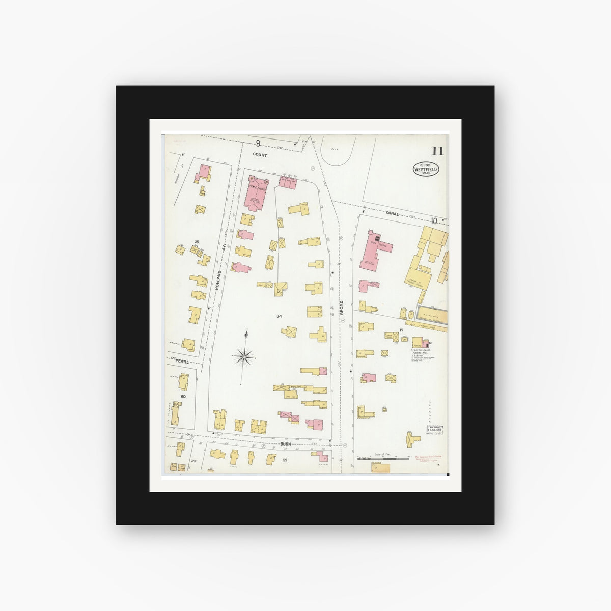 Old map wall art mockup — black gallery frame with white mat — Sanborn Fire Insurance Map from Westfield, Hampden County, Massachusetts (1900), Sheet #0011