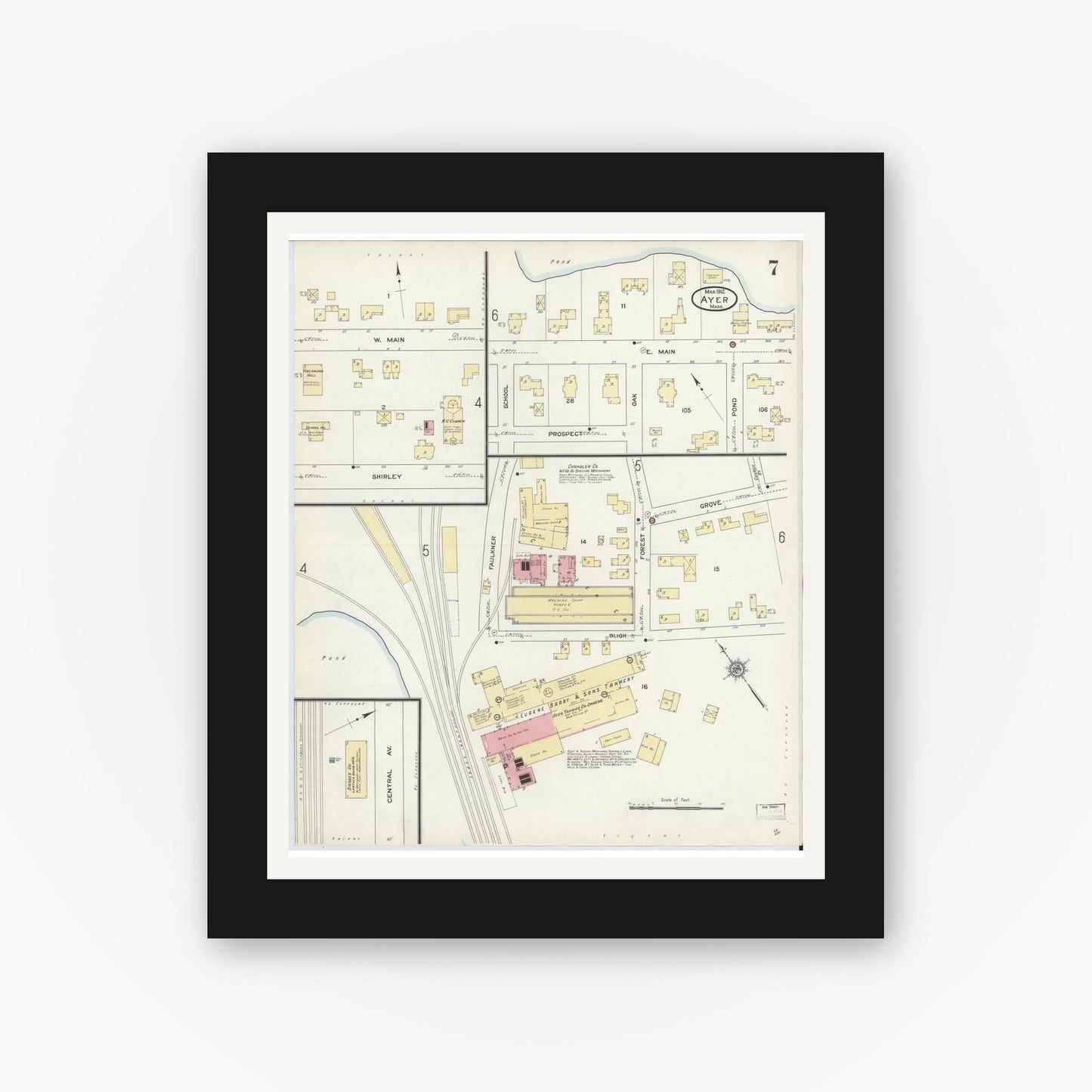 Old map wall art mockup — black gallery frame with white mat — Sanborn Fire Insurance Map from Ayer, Middlesex County, Massachusetts (1912), Sheet #0007
