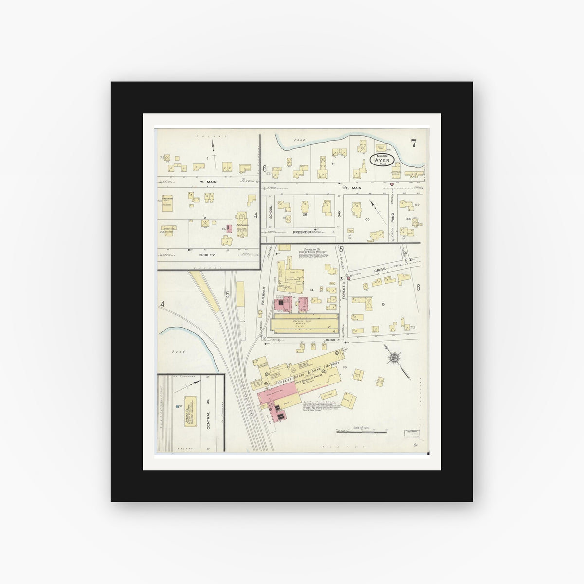 Old map wall art mockup — black gallery frame with white mat — Sanborn Fire Insurance Map from Ayer, Middlesex County, Massachusetts (1912), Sheet #0007