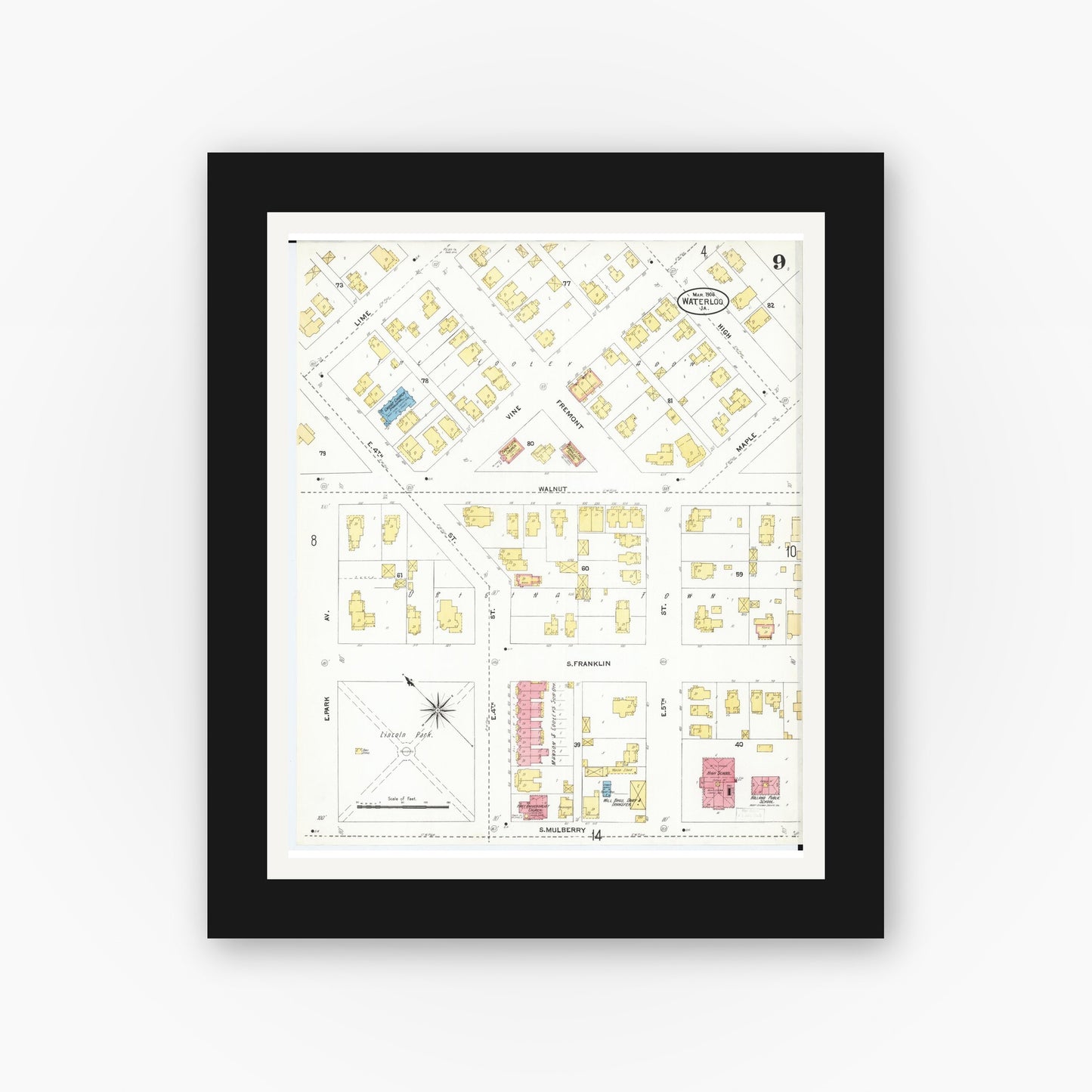 Old map wall art mockup — black gallery frame with white mat — Sanborn Fire Insurance Map from Waterloo, Black Hawk County, Iowa (1906), Sheet #0009