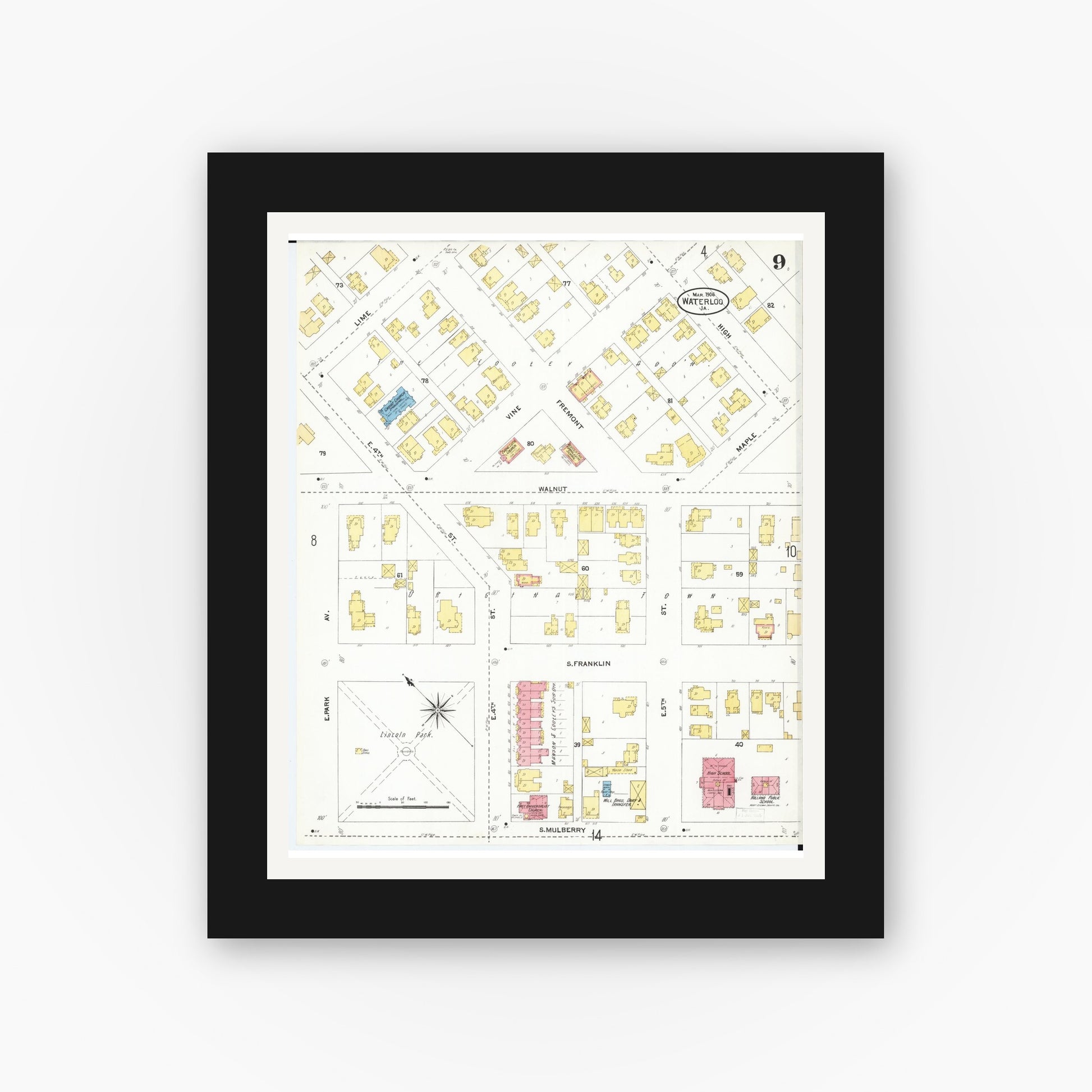 Old map wall art mockup — black gallery frame with white mat — Sanborn Fire Insurance Map from Waterloo, Black Hawk County, Iowa (1906), Sheet #0009