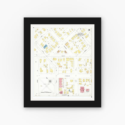 Old map wall art mockup — black gallery frame with white mat — Sanborn Fire Insurance Map from Waterloo, Black Hawk County, Iowa (1906), Sheet #0009