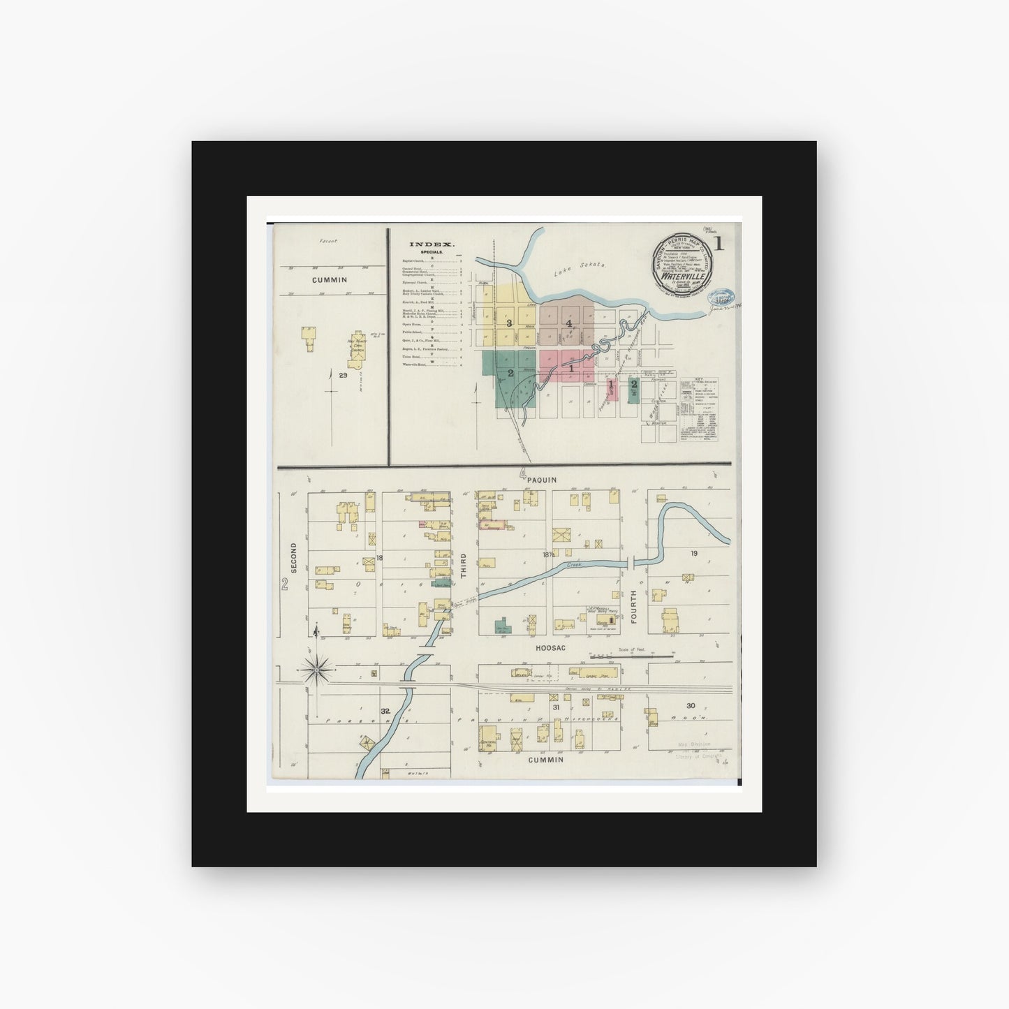Old map wall art mockup — black gallery frame with white mat — Sanborn Fire Insurance Map from Waterville, Le Sueur County, Minnesota (1894), Sheet #0001