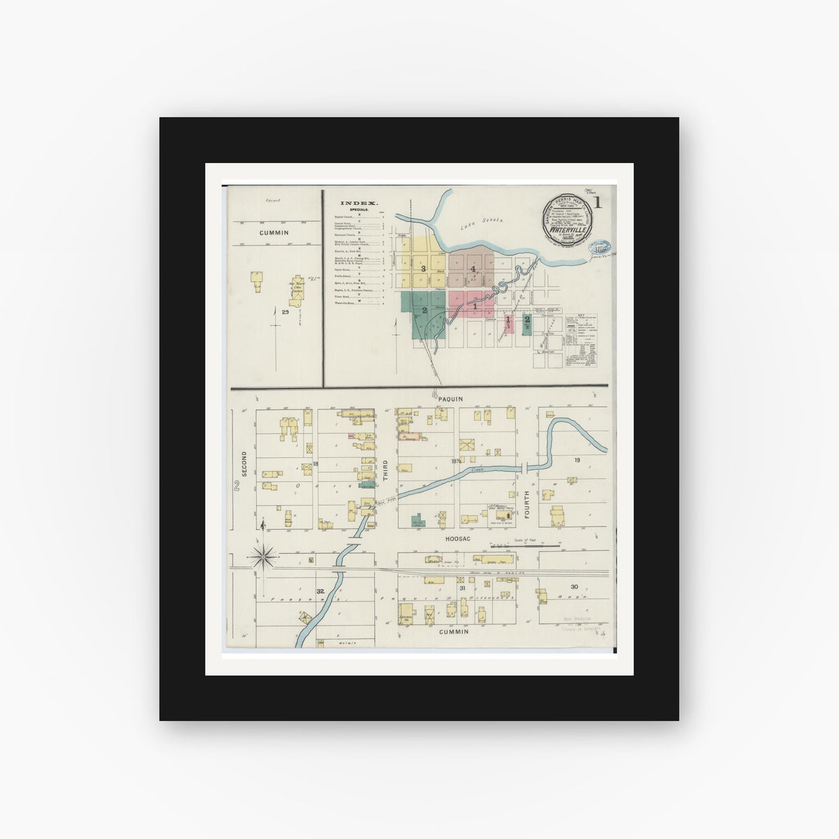 Old map wall art mockup — black gallery frame with white mat — Sanborn Fire Insurance Map from Waterville, Le Sueur County, Minnesota (1894), Sheet #0001