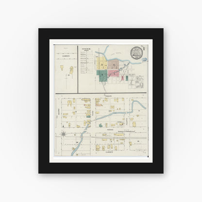 Old map wall art mockup — black gallery frame with white mat — Sanborn Fire Insurance Map from Waterville, Le Sueur County, Minnesota (1894), Sheet #0001