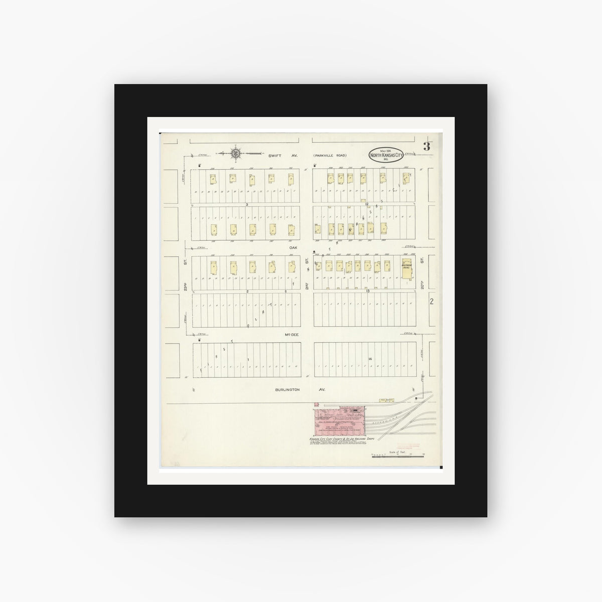 Old map wall art mockup — black gallery frame with white mat — Sanborn Fire Insurance Map from North Kansas City, Clay County, Missouri (1914), Sheet #0003