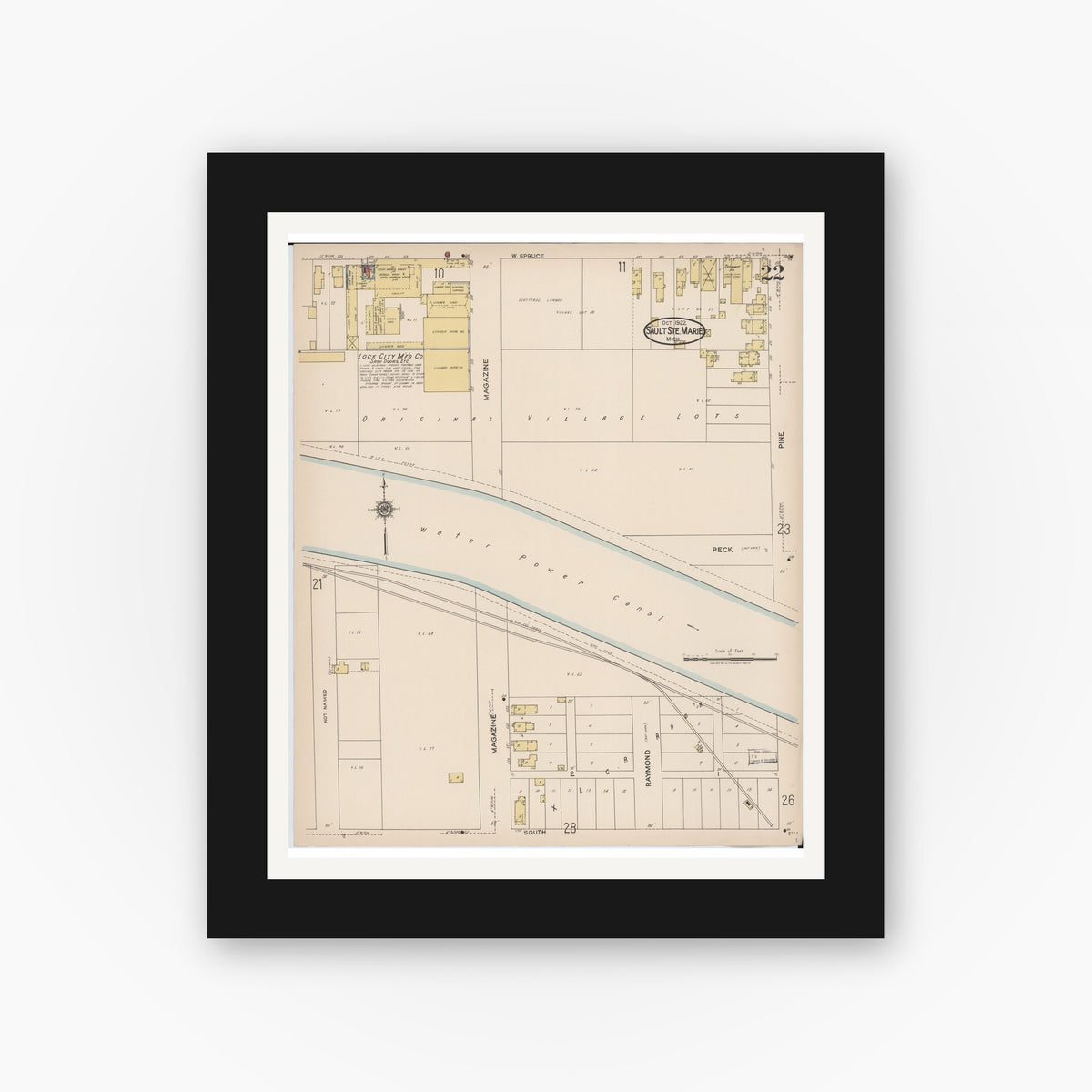 Old map wall art mockup — black gallery frame with white mat — Sanborn Fire Insurance Map from Sault Sainte Marie, Chippewa County, Michigan (1922), Sheet #0022