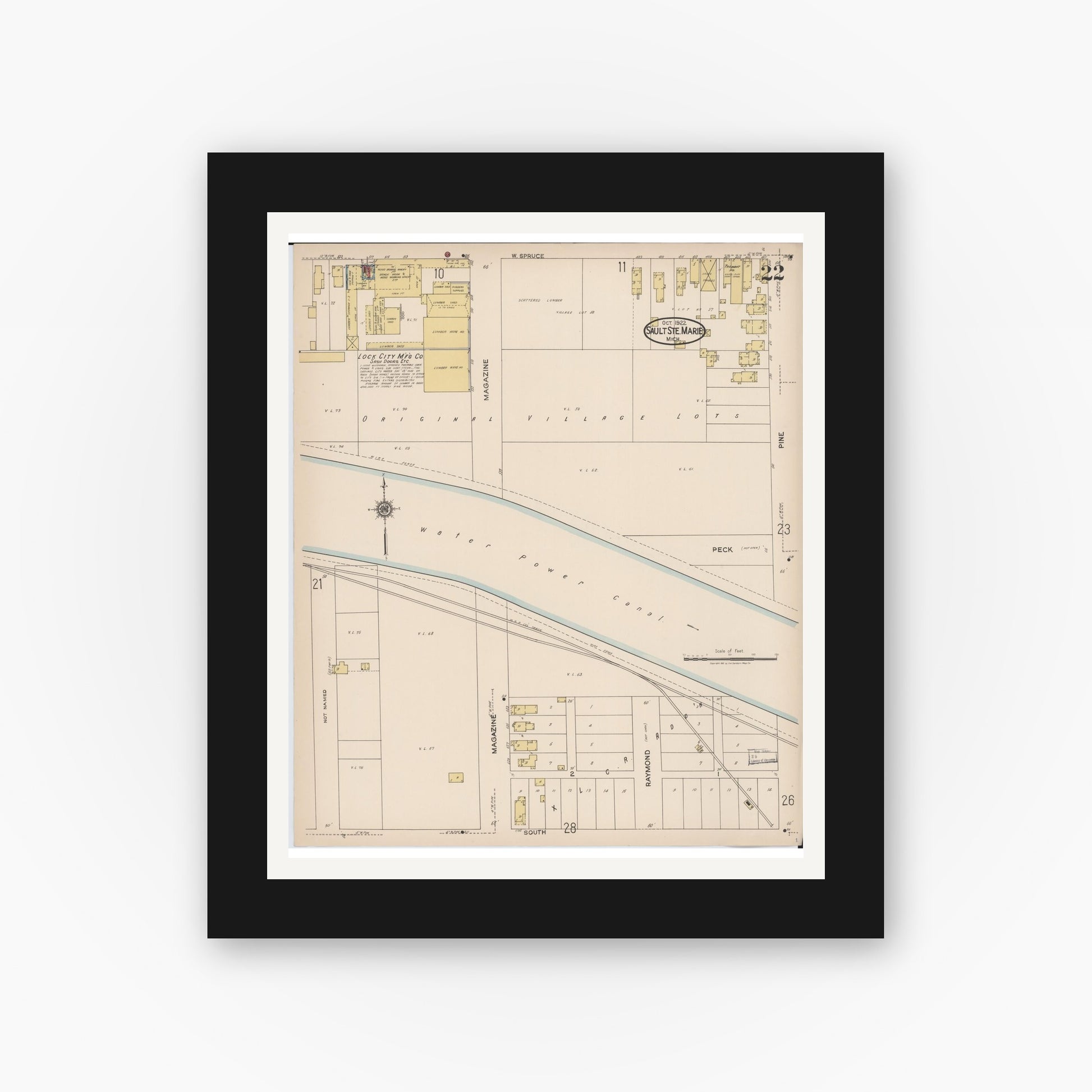 Old map wall art mockup — black gallery frame with white mat — Sanborn Fire Insurance Map from Sault Sainte Marie, Chippewa County, Michigan (1922), Sheet #0022