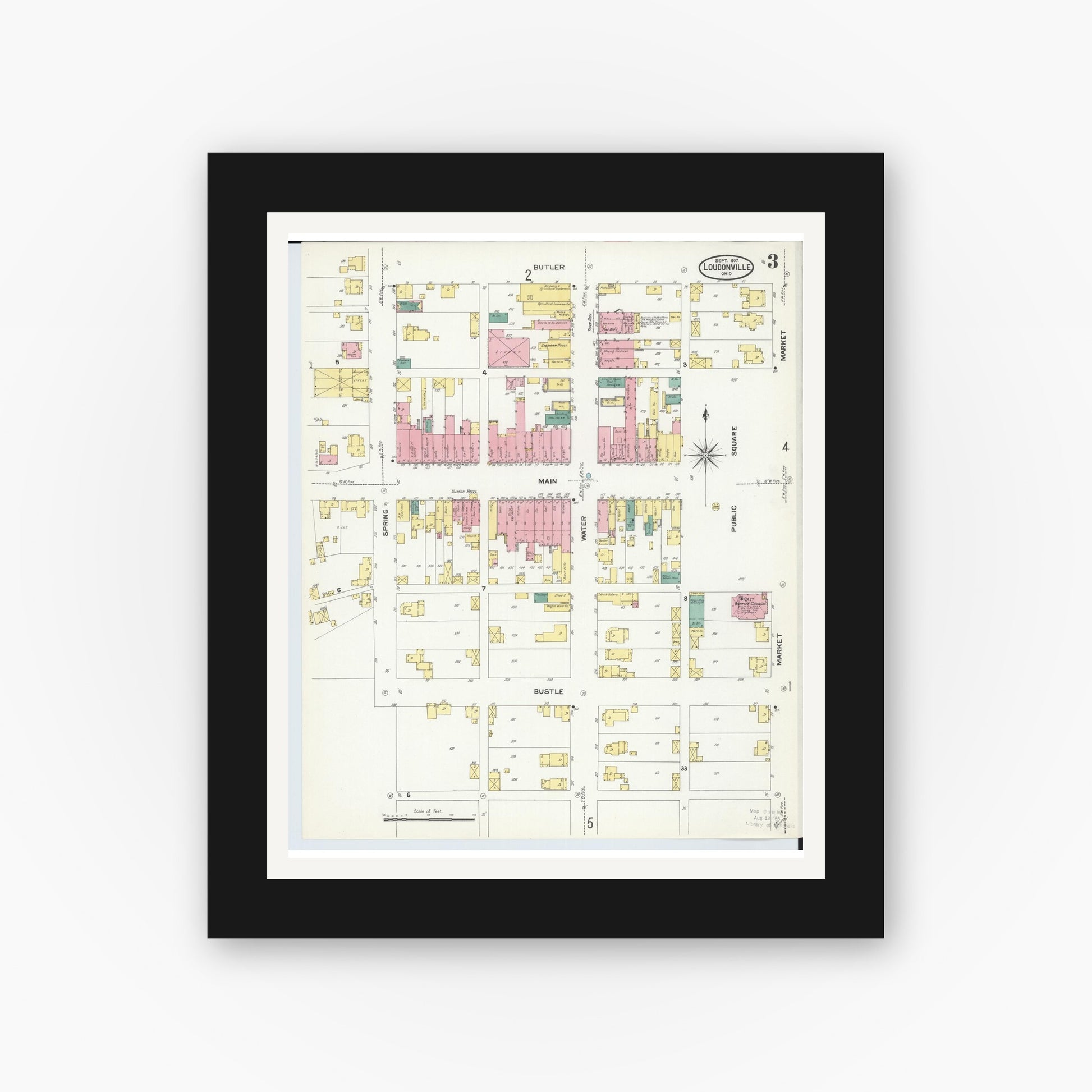 Old map wall art mockup — black gallery frame with white mat — Sanborn Fire Insurance Map from Loudonville, Ashland County, Ohio (1907), Sheet #0003
