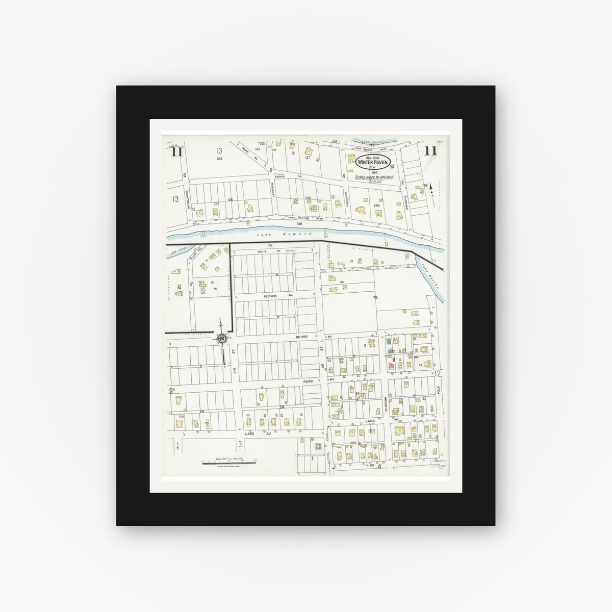 Old map wall art mockup — black gallery frame with white mat — Sanborn Fire Insurance Map from Winter Haven, Polk County, Florida (1924), Sheet #0011