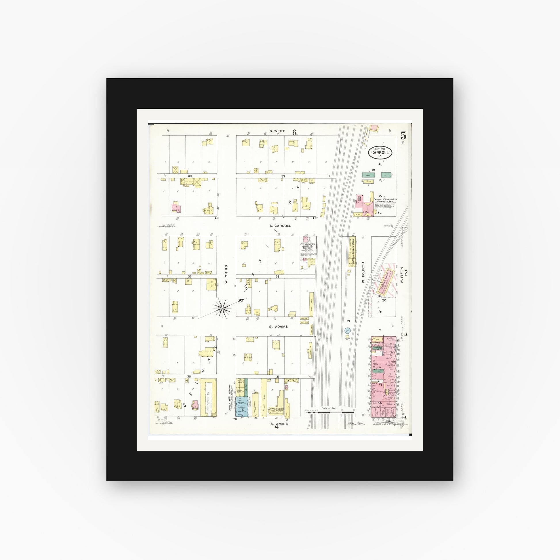 Old map wall art mockup — black gallery frame with white mat — Sanborn Fire Insurance Map from Carroll, Carroll County, Iowa (1909), Sheet #0005