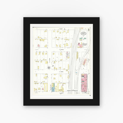 Old map wall art mockup — black gallery frame with white mat — Sanborn Fire Insurance Map from Carroll, Carroll County, Iowa (1909), Sheet #0005