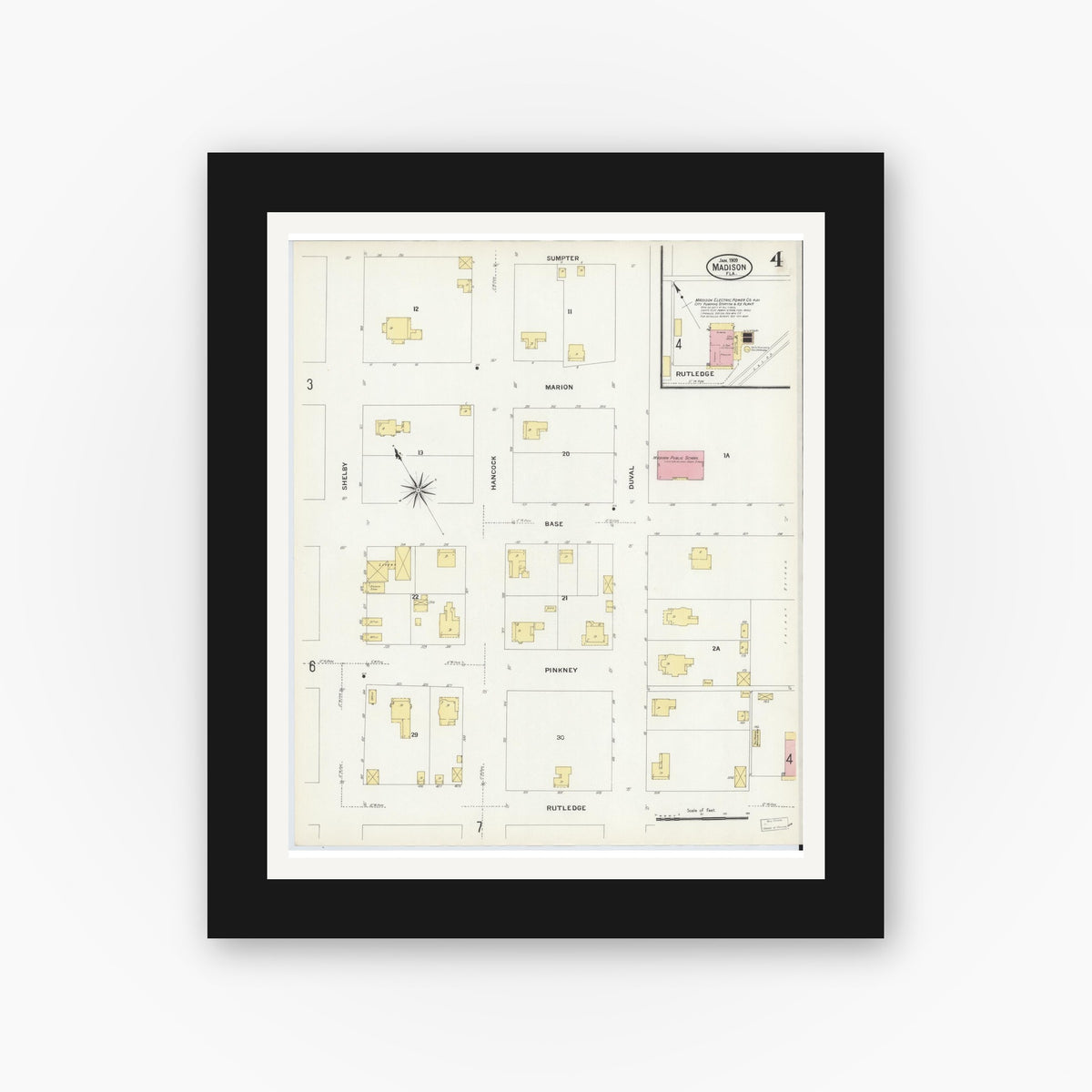 Old map wall art mockup — black gallery frame with white mat — Sanborn Fire Insurance Map from Madison, Madison County, Florida (1909), Sheet #0004