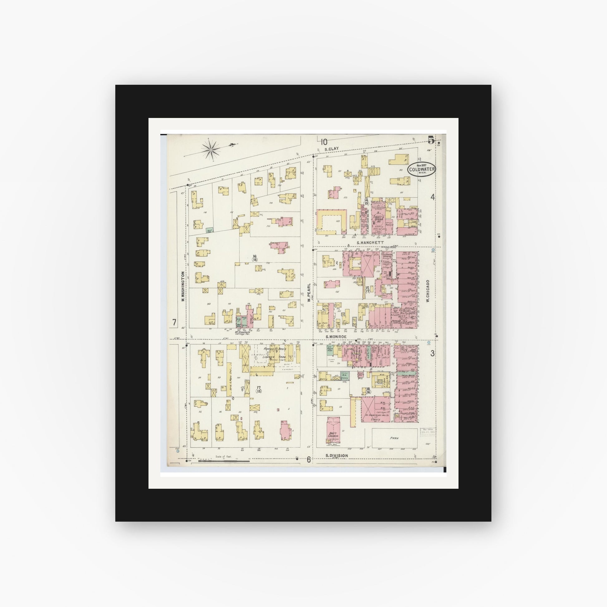 Old map wall art mockup — black gallery frame with white mat — Sanborn Fire Insurance Map from Coldwater, Branch County, Michigan (1897), Sheet #0005