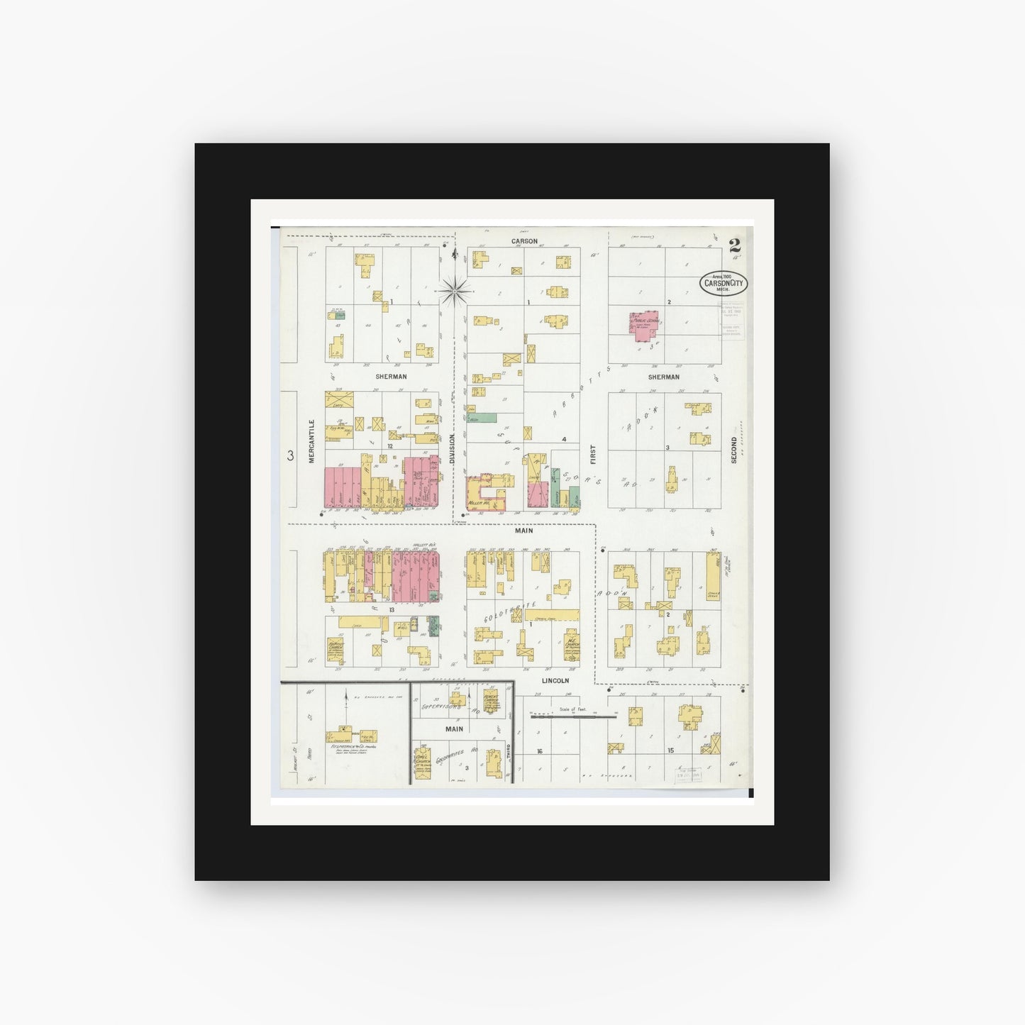 Old map wall art mockup — black gallery frame with white mat — Sanborn Fire Insurance Map from Carson City, Montcalm County, Michigan (1900), Sheet #0002
