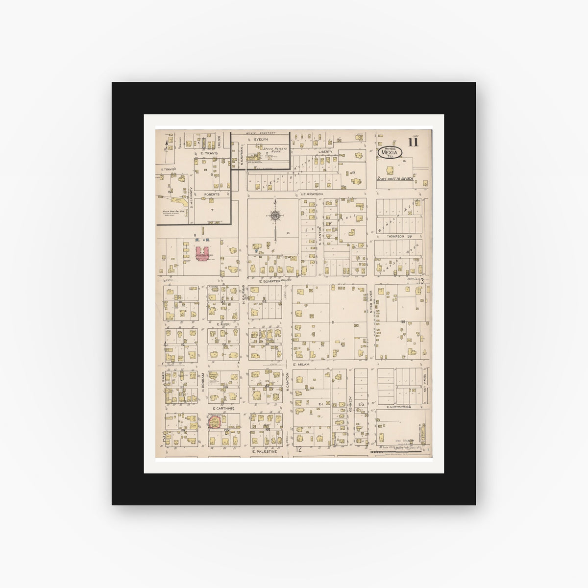 Old map wall art mockup — black gallery frame with white mat — Sanborn Fire Insurance Map from Mexia, Limestone County, Texas (1922), Sheet #0011