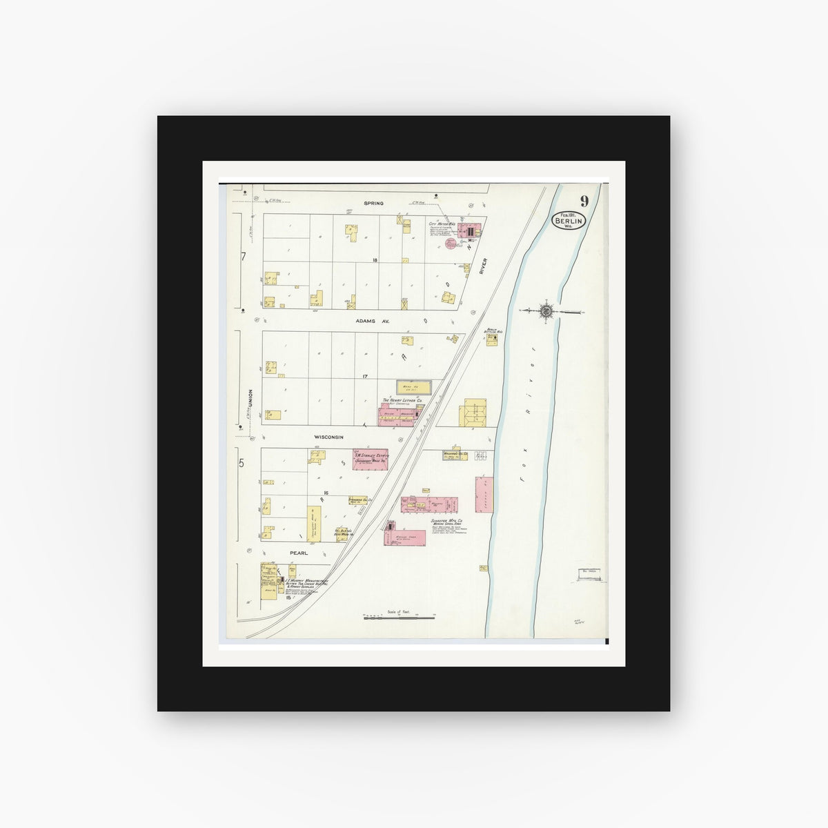 Old map wall art mockup — black gallery frame with white mat — Sanborn Fire Insurance Map from Berlin, Green Lake County, Wisconsin (1911), Sheet #0009