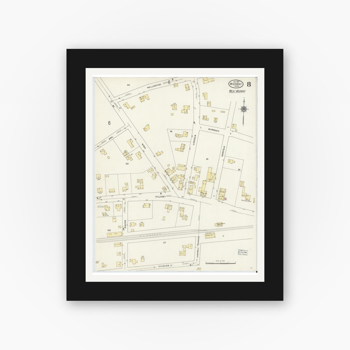 Old map wall art mockup — black gallery frame with white mat — Sanborn Fire Insurance Map from Medway, Norfolk County, Massachusetts (1910), Sheet #0008