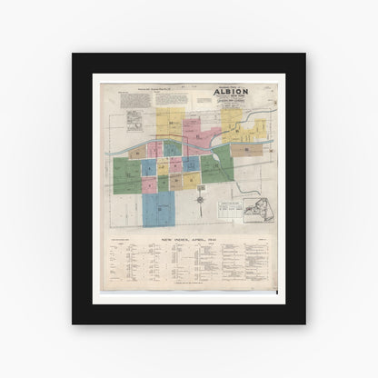 Old map wall art mockup — black gallery frame with white mat — Sanborn Fire Insurance Map from Albion, Orleans County, New York (1941) - Complete Map Set