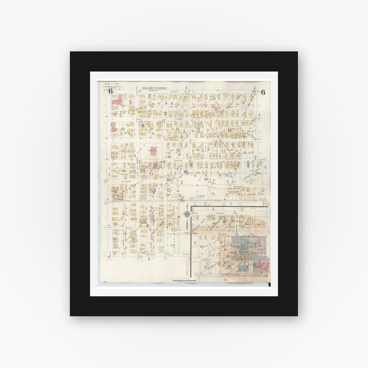 Old map wall art mockup — black gallery frame with white mat — Sanborn Fire Insurance Map from Noblesville, Hamilton County, Indiana (1947), Sheet #0006