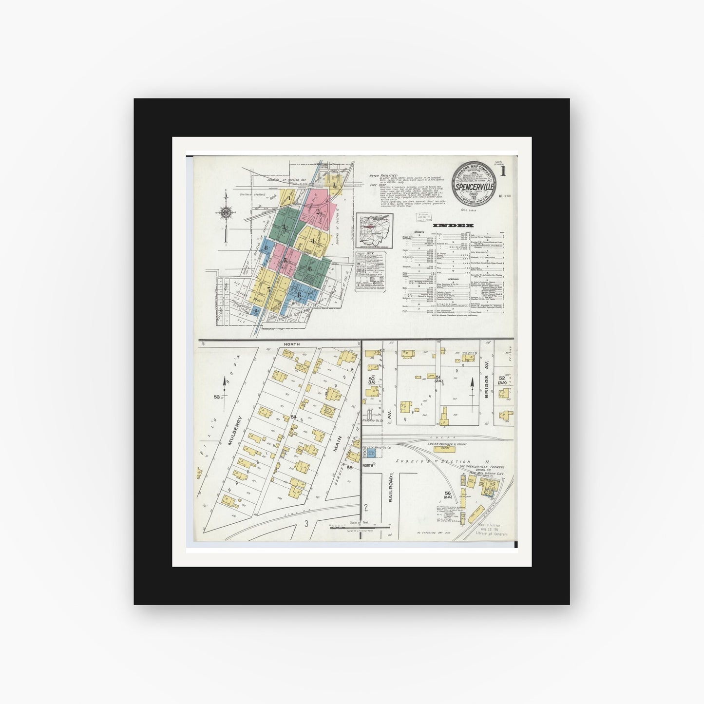 Old map wall art mockup — black gallery frame with white mat — Sanborn Fire Insurance Map from Spencerville, Allen County, Ohio (1921) - Complete Map Set