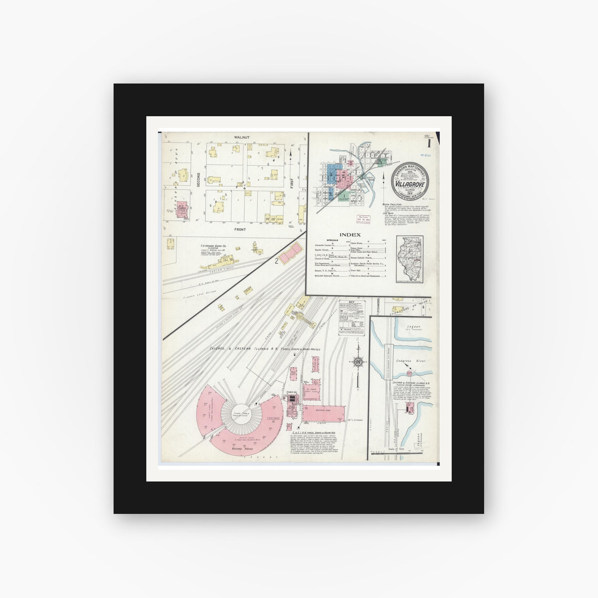 Old map wall art mockup — black gallery frame with white mat — Sanborn Fire Insurance Map from Villa Grove, Douglas County, Illinois (1914), Sheet #0001