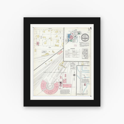 Old map wall art mockup — black gallery frame with white mat — Sanborn Fire Insurance Map from Villa Grove, Douglas County, Illinois (1914), Sheet #0001